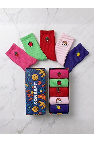 Konsept Vibrant Colors Embroidered Tennis Socks Set of 5 in Box