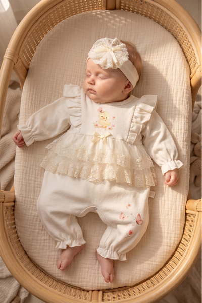 BABYLİM Little Duck Printed Lace Baby Girl Bandana Jumpsuit Set - 100% Cotton