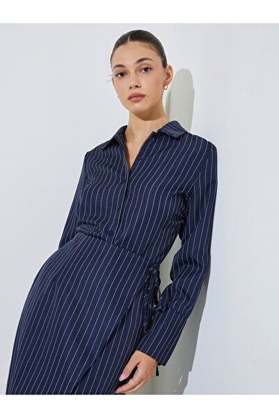 Styli Navy Blue Pinstripe Fitted Shirt