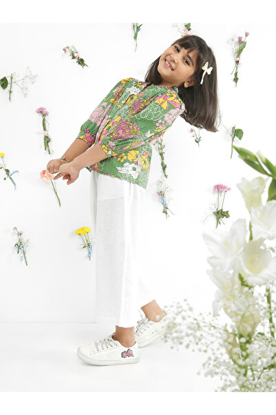Globus By Styli Girls Green Floral Print Shirt with Trousers Set