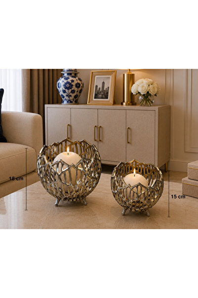 Hinora Pirinç Model Gold Renk Desenli Model 2Li Şık Dekoratif Mumluk 19x19cm ...