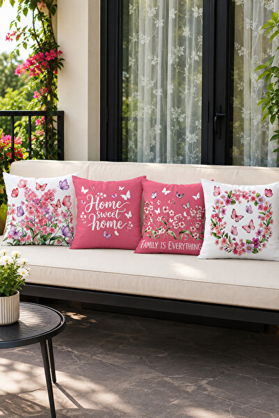 HOMESSA Pink Flower and Butterfly Patterned 4-Piece Decorative Throw Pillow C...