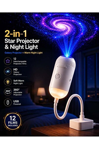 zeetwo 2-in-1 Galaxy Projector & Night Light with 12 Projection Films, HD Sta...