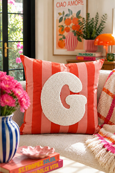 Pilloveland Punch Embroidered Throw Pillow Cover - 43*43 cm - Orange Letter g...