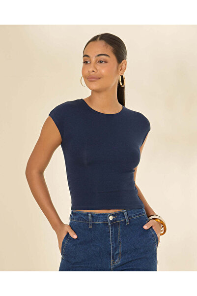 REDTAG Women Navy Short Sleeve V-Neck T-Shirt