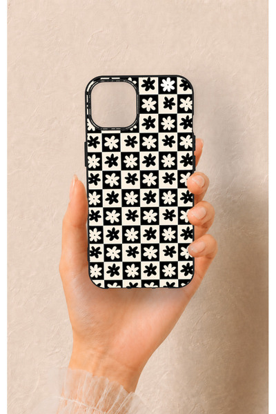 Vip Case iPhone 13 Uyumlu Çiçek Motifli Dama Desenli Silikon Kılıf