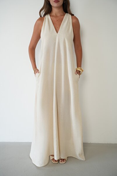 Myra Fashion V Yaka Keten Karışımlı Cepli Uzun Elbise Maxi Elbise
