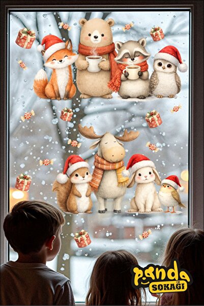 PANDA SOKAĞI Christmas Forest Animals Glass Sticker Set – Bear, Fox, Owl, Dee...