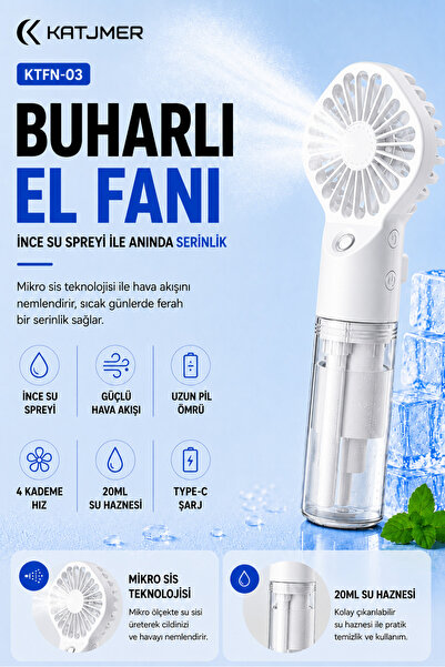 KATJMER KTFN-03 Buharlı Sulu El Fanı, 4 Kademeli Şarjlı Mini Vantilatör, İnce...