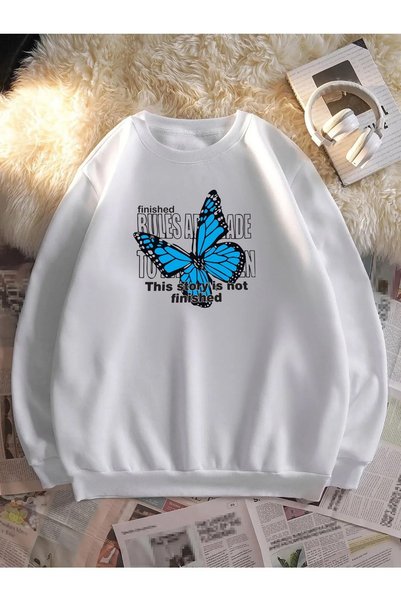 WESTİMO Women's White Finished Butterfly Printed Oversize Sweatshirt