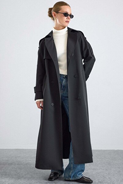 Olcay Water Repellent Trench Coat with Patch and Stitch Detail Black 6879