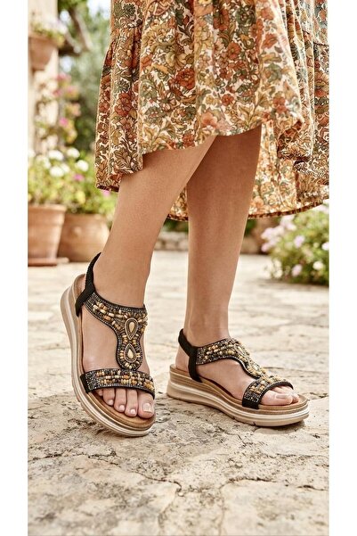 De Scario 2060 Ethnic Embroidered Beaded and Stoned Short Heeled Sandals with...