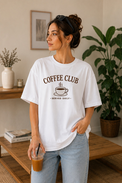 BAGAND Premium Coffee Club Served Daily Printed Oversize Unisex T-Shirt 100% ...