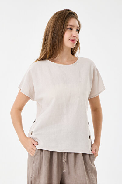 della moor Beige Italian 60% Linen Oversize Blouse with Button Accessories, S...