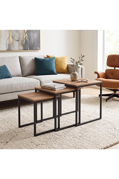 Kreslo Modern Wood Top Metal Base 3-Piece Nesting Table Set