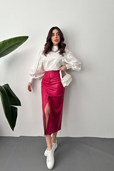 Moda Days تنورة نسائية ميدي بقصة قلم رصاص وفتحة عالية الخصر باللون الفوشيا