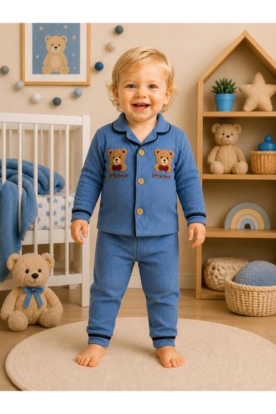 MOVAMIR BABY Baby Boy Soft Textured 2-Piece Pajama Set with Teddy Bear Embroidery, 100% Cotton
