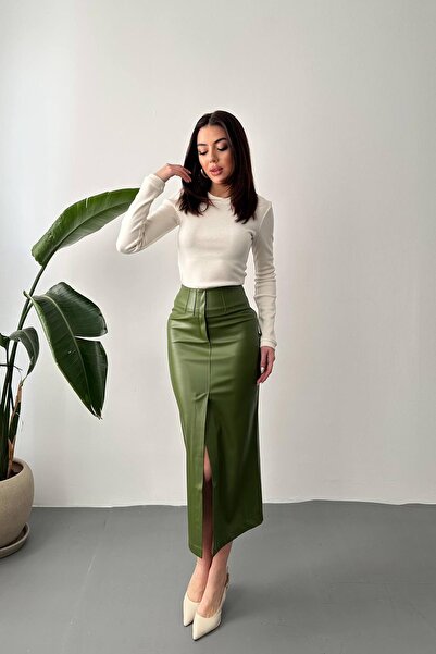 Moda Days تنورة نسائية متوسطة الطول ذات لون كاكي فاتح وقصة عالية الخصر مع فتح...