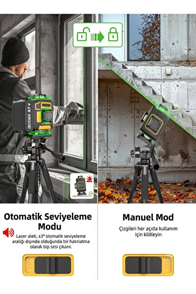 STEİNER 360° 3,7V 12 Köşe Otomatik Hizalamalı Yeşil Çizgili Lazer Hizalama Makinesi Sarı