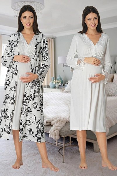 Effortt Dvina Maternity Patterned Dressing Gown and Long Sleeve Nightgown - S...