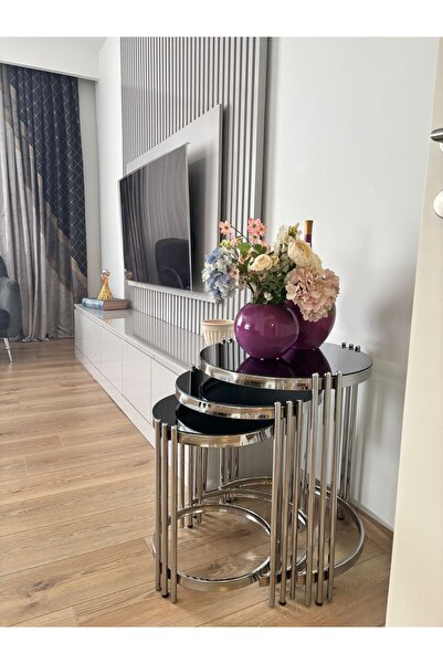 Buket Dekor Buket Yan Sehpa Yuvarlak 3lü Gümüş, Gold ve Eskitme Renklerde