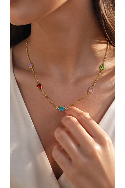 Mise Aksesuar Damla Design Natural Stone Looking Colorful Stone Steel Necklace