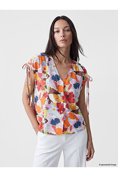 LC Waikiki Lcwaikiki Classic Mixed V-Neck Floral Gathered Blouse