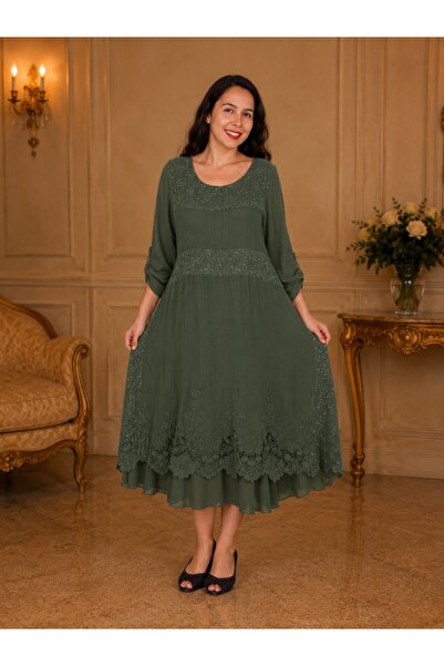 OEM Rochie vaporoasa Laura,insertii de dantela si paiete,nuanta de kaki