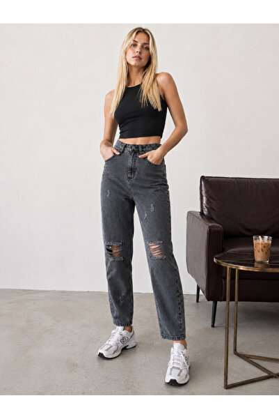 yourshıne denım co. High Waist Full Fit Knee Laser Ripped Snow Black Mom Jean...