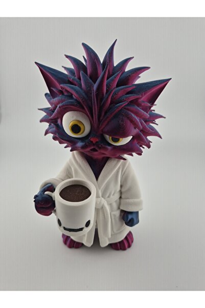FDI3D Figurină decorativă Pisică cu cană de cafea, imprimată 3D, 14 × 7 × 7 cm