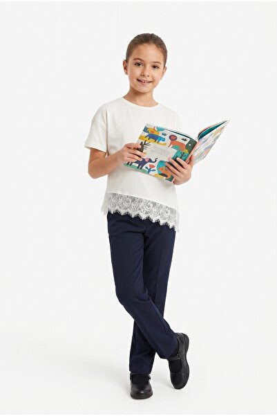 Toontoy Girl's Skirt Hem Lace Detailed School T-Shirt