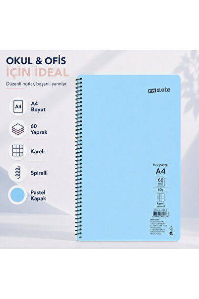 Mynote Flex Pastel A4 60 Yaprak 60 gr Spiralli Kareli Defter