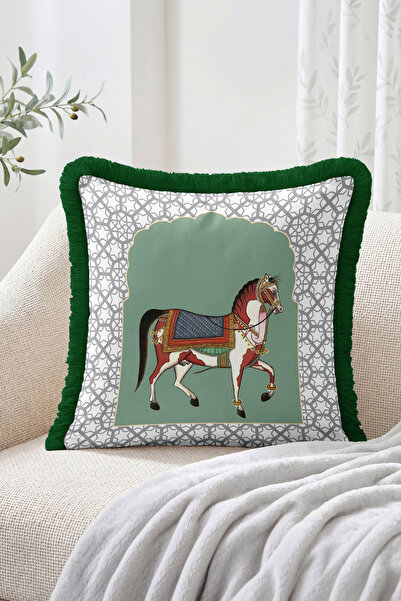 Realhomes Traditional Decorated Horse Figured Geometric Patterned Fringed Thr...