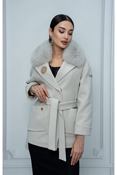 Eccim Fashion Sade Kemerli Çıkarılabilir Kürk Yakalı Broşlu Kısa Kadın Palto ...