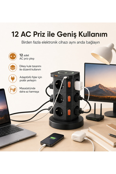 Hil Tech Eminönü Toptan Elektronik 12’li Kule Priz 3680W 16A 10W Kablosuz Şar...