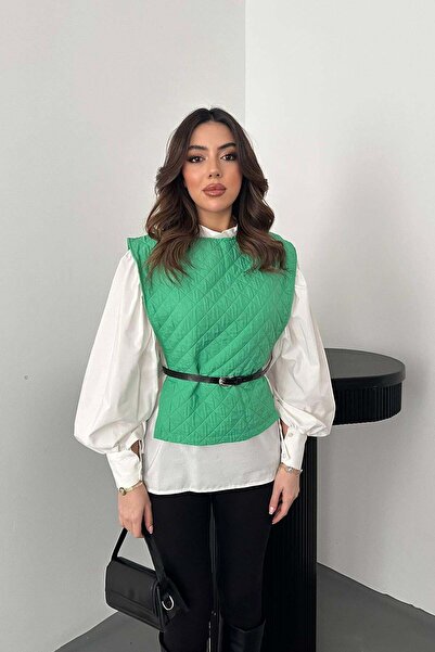 Moda Days Set cămașă și poncho verde pentru femei, matlasat, cu model, cu mân...