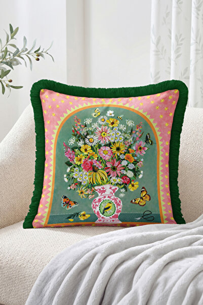 Realhomes Colorful Flower Bouquet in Vase, Fringed Throw Pillow Cover with Bu...