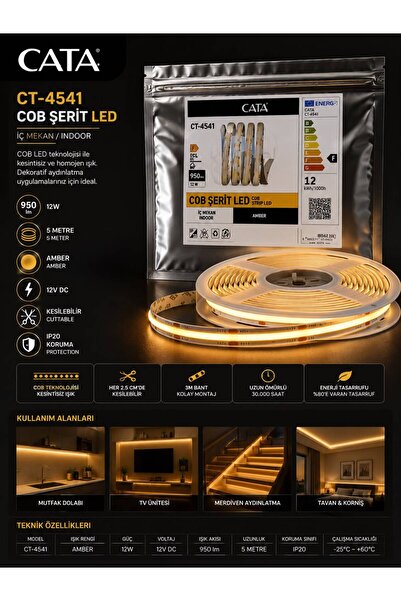 Cata COB ŞERİT LED İÇ MEKAN AMBER 5 METRE