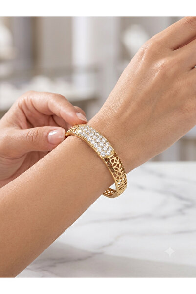 deluxe takı ve giyim Thick Crystal Stone Steel Handcuff Bracelet