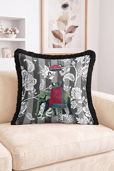 Realhomes Fringed Throw Pillow Cover with Elephant and Umbrella Figures on a ...