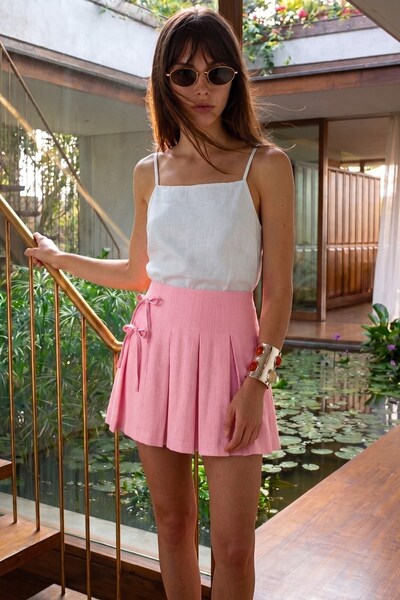 Shopping Shop Ribbon Detailed Short Skirt Pink