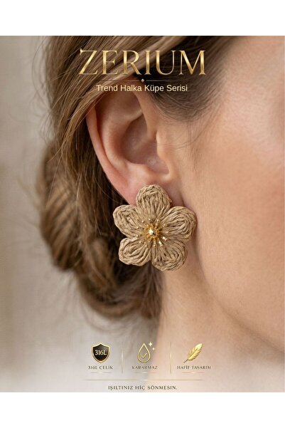 ZERİUM Women's Steel Large Earrings with Wicker Texture and Floral Motif Seri...