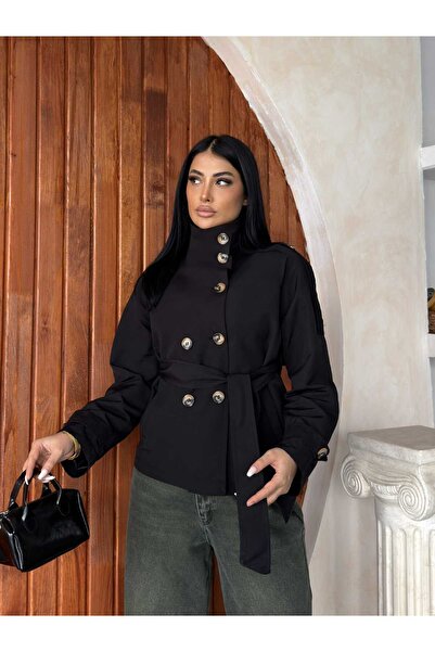 VESS MODA Dik Yaka Kuşak Ve Düğme Detaylı Mevsimlik Kısa Trençkot Ceket Trenç