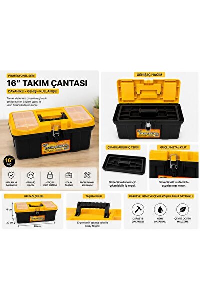 abnturk 16''Paslanmaz Çelik Kilitli İç Tepsili Profesyonel Takım Çantası-Daya...