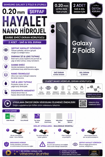 Astakos Samsung Galaxy Z Fold 8 Uyumlu Şeffaf Gizli Hayalet 0.20 mm Nano Hidrojel Darbe Emici Sağ Sol 2 Adet Ekran Koruyucu TPU Film