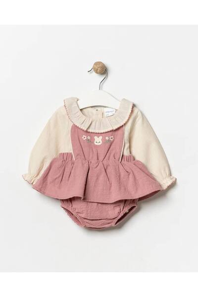 Karaniko Kids Kız Bebek Pamuklu Nakış Detay Romper Ve Bebe Yaka Gömlek Set