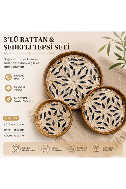 VEROKSA 3'lü Rattan İçi Sedefli Dekoratif Tepsi Takımı 27-23-21 cm | Doğal Ra...