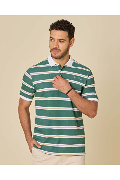 REDTAG Men Green And White Striped Polo Shirt