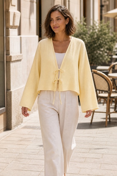 exxitcollection Γυναικεία μπλούζα από ύφασμα μουσελίνας με δέσιμο μπροστά - Μ...