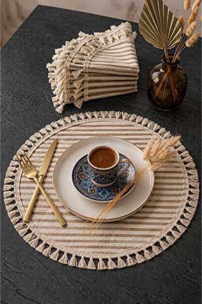 linea natura home Çizgili kahverengi Vintage bohem Tarz 6'lı Püsküllü Yuvarla...